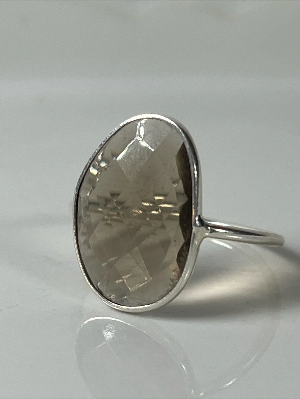 Solid Sterling Silver 925 Smokey Quartz Gemstone Flat Stacker Ring Size 8
